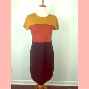 Ladies midi sheath dress in flattering warm colors